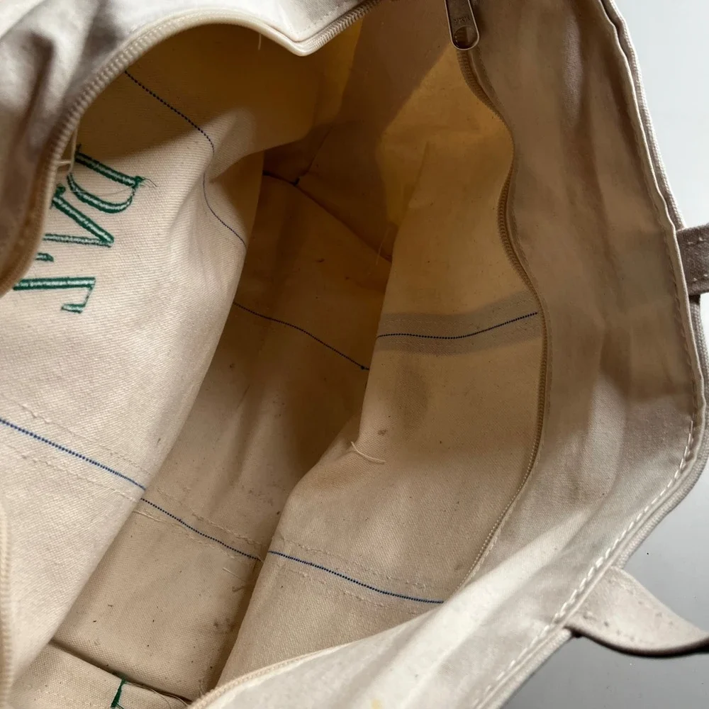 LL Bean Boat and Tote Zip Top Canvas Bag‎ Green Cream DVZ Monogram Large